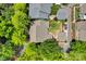 Aerial view of home's roof and backyard, surrounded by mature trees at 104 Edgewater Park St, Davidson, NC 28036
