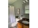 Bathroom features a tub with white curtain, gray walls, and light wood vanity with dark countertop at 10672 Barberville Rd, Fort Mill, SC 29707