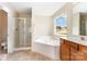 Bathroom featuring a separate shower, garden tub, and vanity with bright natural light at 13305 Mallard Landing Rd, Charlotte, NC 28278