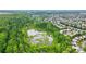 Aerial view of the community pond surrounded by lush greenery and houses at 1522 Napa Nw St, Concord, NC 28027