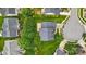Birds-eye view of a home with a manicured lawn, set in a neighborhood with mature trees at 1522 Napa Nw St, Concord, NC 28027
