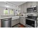 Close up of a kitchen featuring gray cabinets, granite countertops, and stainless steel appliances at 2146 Marwood Ln, Albemarle, NC 28001