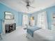 Light blue bedroom featuring a fireplace with white trim, white floors and a ceiling fan at 408 S Ellis St, Salisbury, NC 28144