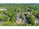 Aerial view of a townhome community with mature trees, a pool, and tree-lined streets at 4460 Coventry Row Ct, Charlotte, NC 28270