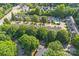 Aerial view showcases a community with a pool, mature trees, and parking areas at 4460 Coventry Row Ct, Charlotte, NC 28270
