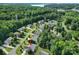 Scenic aerial view of a residential area with mature trees and a lake in the background, showcasing the neighborhood at 909 Autumn Glen Ct, Lake Wylie, SC 29710