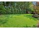 The verdant backyard features manicured lawn and lush, mature landscaping, perfect for relaxation at 16909 Red Cow Rd, Charlotte, NC 28277