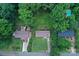 Expansive aerial view of a lush property with a private backyard pool nestled among mature trees at 2625 Glenn St, Newton, NC 28658