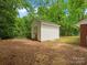 Backyard shed with white siding nestled among lush, green trees in a peaceful setting at 4126 Howie Cir, Charlotte, NC 28205