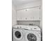 Laundry room featuring white washer, dryer, and upper cabinets at 44092 Woodhurst Rd, New London, NC 28127