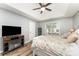 Spacious main bedroom featuring a tray ceiling, fireplace, and comfortable queen bed at 5829 Andrew Ward Ave, Charlotte, NC 28216