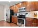 Close-up view of the kitchen featuring stainless steel appliances and wooden cabinets at 7130 Maricopa Rd, Charlotte, NC 28277