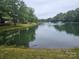 Community pond with mature trees and a fountain at 7329 Winery Ln, Charlotte, NC 28227