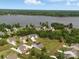 A panoramic aerial view captures a neighborhood set against a scenic lake backdrop at 11225 Island View Ln, Lancaster, SC 29720