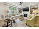Cozy living room with a fireplace, built-in shelving, large windows, and stylish furnishings at 14128 Morningate St, Huntersville, NC 28078