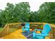 Outdoor deck with bright blue Adirondack chairs, wooden railing, and black grill, perfect for entertaining at 4059 Caitlins Way, Hickory, NC 28602