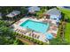 Aerial view of the community pool with sun loungers, umbrellas, and lush greenery, ideal for summer relaxation at 415 Glandon Ct, Fort Mill, SC 29708