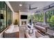 Screened-in porch featuring an outdoor fireplace, comfortable seating and a ceiling fan at 4211 Tangle Dr, Charlotte, NC 28211