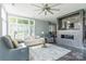 Living room with sofas, fireplace, and view of the lawn and lake at 502 Lake Club Dr, Rock Hill, SC 29732