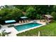 Aerial view of a backyard oasis, featuring a pool with fountains, a gazebo, and elegant patio furniture at 6745 Wheeler Dr, Charlotte, NC 28211