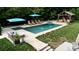 Aerial view of a backyard oasis, featuring a pool with fountains, a gazebo, and elegant patio furniture at 6745 Wheeler Dr, Charlotte, NC 28211
