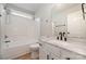 Modern bathroom with new sink, vanity, and shower featuring sleek black hardware at 9630 Turning Wheel Dr, Charlotte, NC 28214