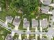 Aerial view of a residential street featuring well-manicured lawns, mature trees, and stylish homes at 11324 Fullerton Place Nw Dr, Huntersville, NC 28078