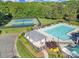 Aerial shot of the pool, pool house, and tennis courts in a serene community setting at 1201 Beckford Glen Dr, Waxhaw, NC 28173