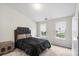 Stylish bedroom with black bed set, two windows offering natural light and soft carpeting, perfect for relaxation at 13528 Philip Michael Rd, Huntersville, NC 28078
