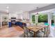 Bright eat-in kitchen with blue cabinets, wood countertops, and a window overlooking the pool at 16512 Kimbolten Dr, Huntersville, NC 28078