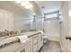 Bathroom featuring granite counters, dual sinks, white cabinets, and tiled floors at 173 Morgans Branch Rd, Belmont, NC 28012