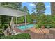 Beautiful in-ground pool and pergola, with outdoor seating, landscaping and a lake view at 1849 Still Water Ln, Indian Land, SC 29707