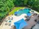 Expansive aerial view of the backyard featuring pool, fire pit area, grilling and outdoor kitchen space at 1868 Chestnut Hill Dr, Tega Cay, SC 29708