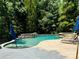 Backyard swimming pool with a stone patio, lush landscaping, and a relaxing atmosphere at 1868 Chestnut Hill Dr, Tega Cay, SC 29708