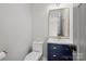 Stylish bathroom features a blue vanity with modern sink, mirror, and toilet at 245 Enwood Dr, Charlotte, NC 28214