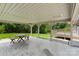 Covered outdoor patio area features a wooden picnic table and adjacent wooden deck overlooking an expansive lawn at 245 Enwood Dr, Charlotte, NC 28214