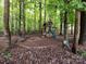 Backyard with a wooden playset, a swing, and a bench, surrounded by trees and lush greenery at 3347 Xandra Ct, Indian Land, SC 29707
