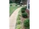 Landscaped front yard with curved concrete walkway and lush green lawn and landscaping at 390 Robinson Rd, Mooresville, NC 28117