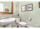 Stylish powder room featuring a pedestal sink, decorative mirror, and charming botanical prints at 5092 Nighthawk Dr, Indian Land, SC 29707