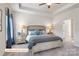 Spacious main bedroom featuring a tray ceiling, plush carpeting, and elegant furniture at 523 Hullview Vis, Monroe, NC 28110