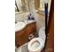 A compact bathroom with a toilet, sink, medicine cabinet, and linoleum flooring at 103 Powder Horn Trl, Mount Gilead, NC 27306