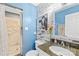 Stylish bathroom featuring a granite countertop, modern sink, and tiled shower, seamlessly blending functionality and design at 106 Laren Rd, Shelby, NC 28152