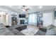 Cozy living room with a fireplace, plush gray sectional sofa, hardwood floors, and plenty of natural light at 2737 Bobcat Rd, Heath Springs, SC 29058