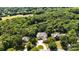Stunning aerial view of a brick home with a long driveway surrounded by lush green trees and lawns at 4740 Myers Ln, Harrisburg, NC 28075