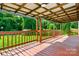 Covered wooden deck with wood railings, offering a relaxing outdoor space with a view of the lush backyard at 1016 S D Ave, Maiden, NC 28650