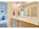 Bathroom with double vanity sinks, updated fixtures, and an open floor plan at 1062 Willow Ridge Ln, Fort Mill, SC 29707