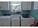Laundry room with blue walls and modern washer and dryer at 252 Chuckwood Rd, Mooresville, NC 28117