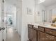 Bathroom featuring a modern vanity with a large mirror and a shower with a white curtain at 301 Supernova Dr, York, SC 29745