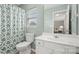 Bright bathroom featuring a shower with patterned curtains and modern white vanity at 424 Paperbark Ln, Rock Hill, SC 29732