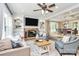 Bright living room featuring a stone fireplace, built-in shelves and modern furniture at 1011 Bydeford Ct, Matthews, NC 28105